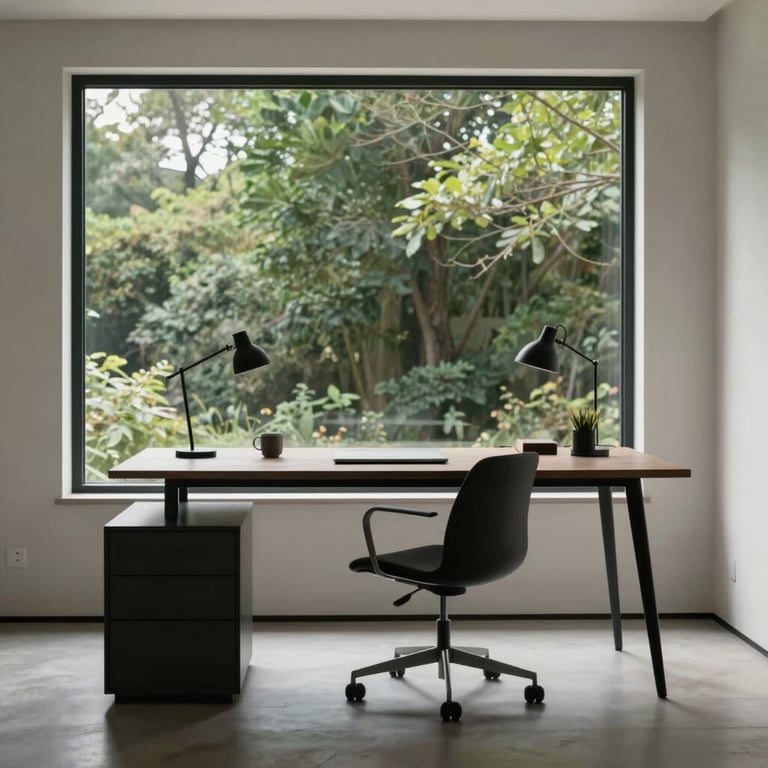 A minimalist home office setup in North America with clean lines and a view of greenery through a large window.