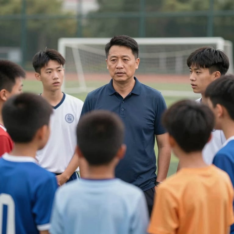 Un groupe de jeunes joueurs écoutant attentivement un entraîneur, ambiance structurée et respectueuse. Couleurs: #1A2B3C.