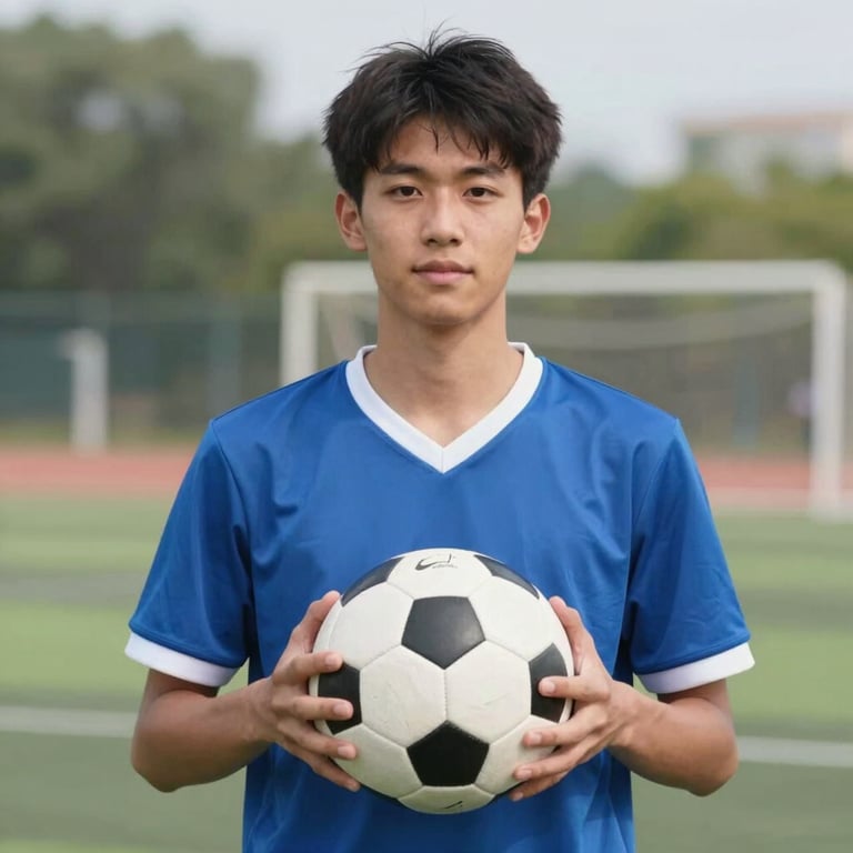 Un joueur tenant fièrement son ballon grandeur 5 lors d'un tournoi de quartier. Couleurs: #8FAABF.