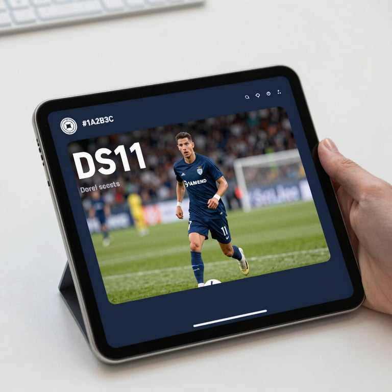 Une tablette affichant des statistiques de performance footballistique DS11, montrant le côté technique. Couleurs: #1A2B3C.