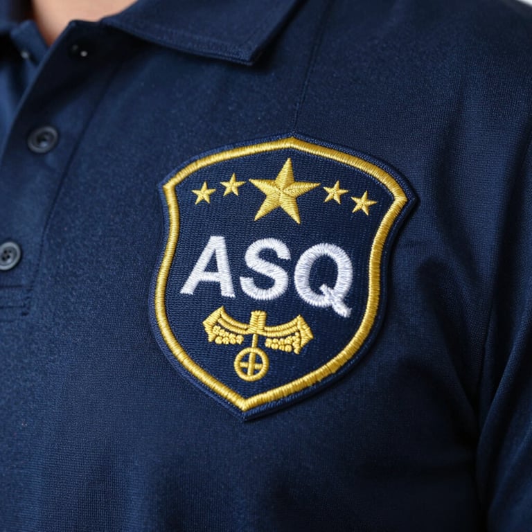 Gros plan sur l'écusson de l'uniforme ASQ, tissu technique de qualité. Couleurs: #4B657D.
