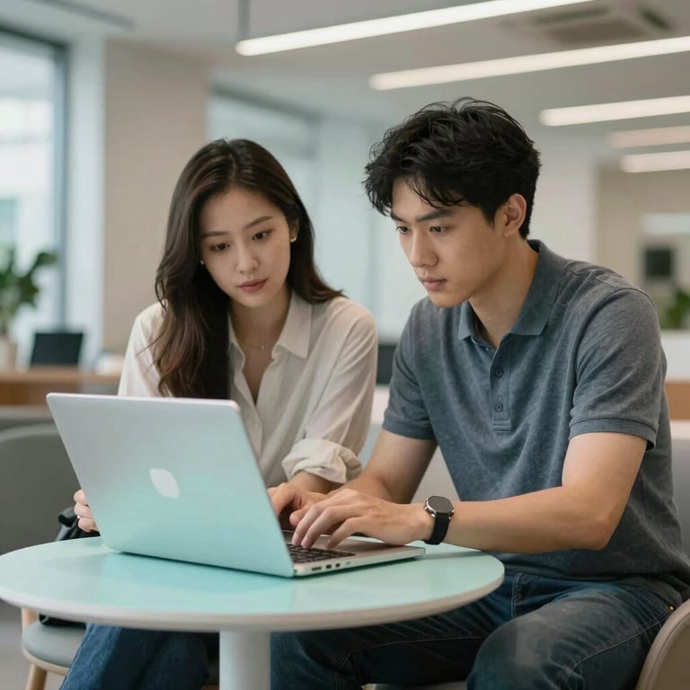 Two colleagues in a contemporary office lounge collaborating over a laptop with pale cyan accents.