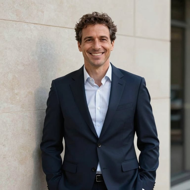 A portrait of a smiling consultant in a navy suit against a minimalist architectural wall in France.