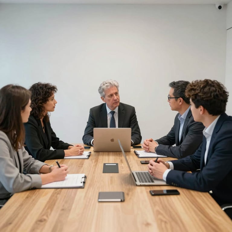 A group of professionals in a bright meeting room in Paris, discussing SaaS strategy around a clean wooden table.