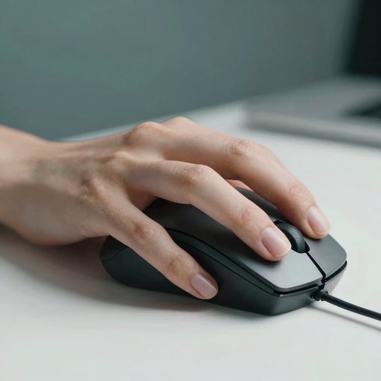 A close-up of a hand using a precision mouse on a white desk with a muted teal background.