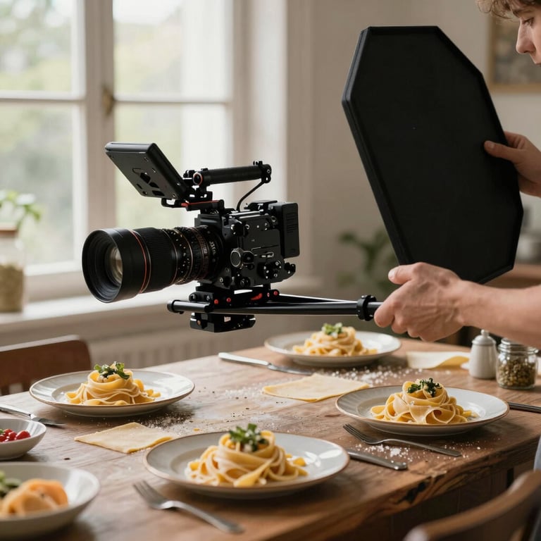 Behind the scenes at a food shoot, a professional camera rig positioned over a rustic table with plates of handmade pasta, soft window light, hands holding a bounce board.