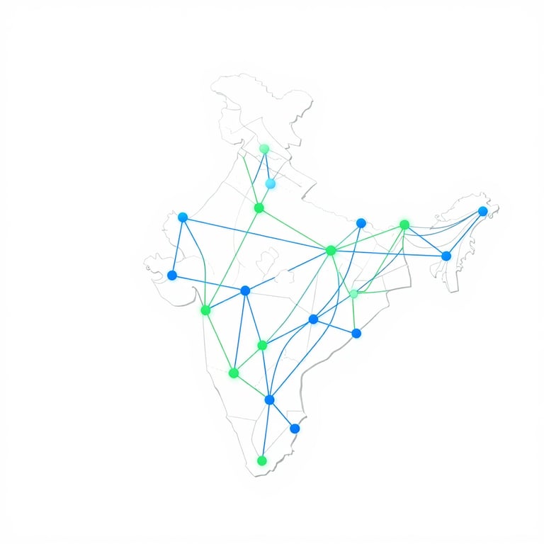 A clean vector map of India with interconnected glowing nodes and logistics pathways, minimalist design, blue and green accents, white background