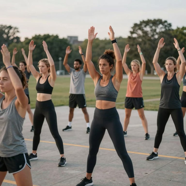 A diverse group of people celebrating a successful workout in an outdoor North American fitness class.
