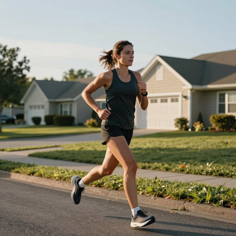 A person finishing a morning run in a sun-drenched suburban North American neighborhood, looking empowered.