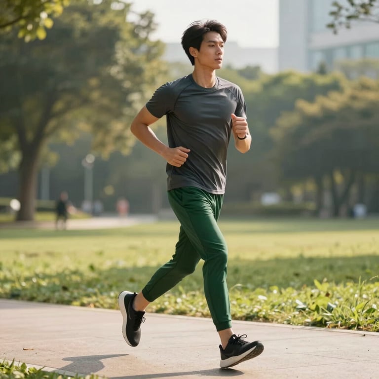 A fit person jogging on a sunny morning in a modern North American park, wearing charcoal grey and forest green athletic wear. High-quality photography with natural lighting and soft shadows, portraying a healthy lifestyle.