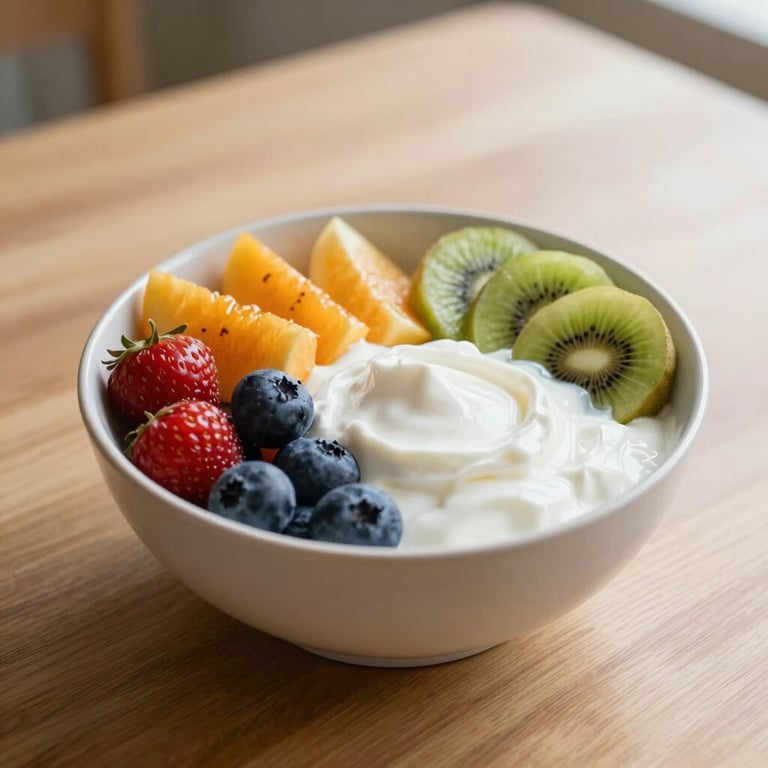 A close-up of a bowl of fresh fruit and Greek yogurt on a minimalist wooden table, bright morning light.