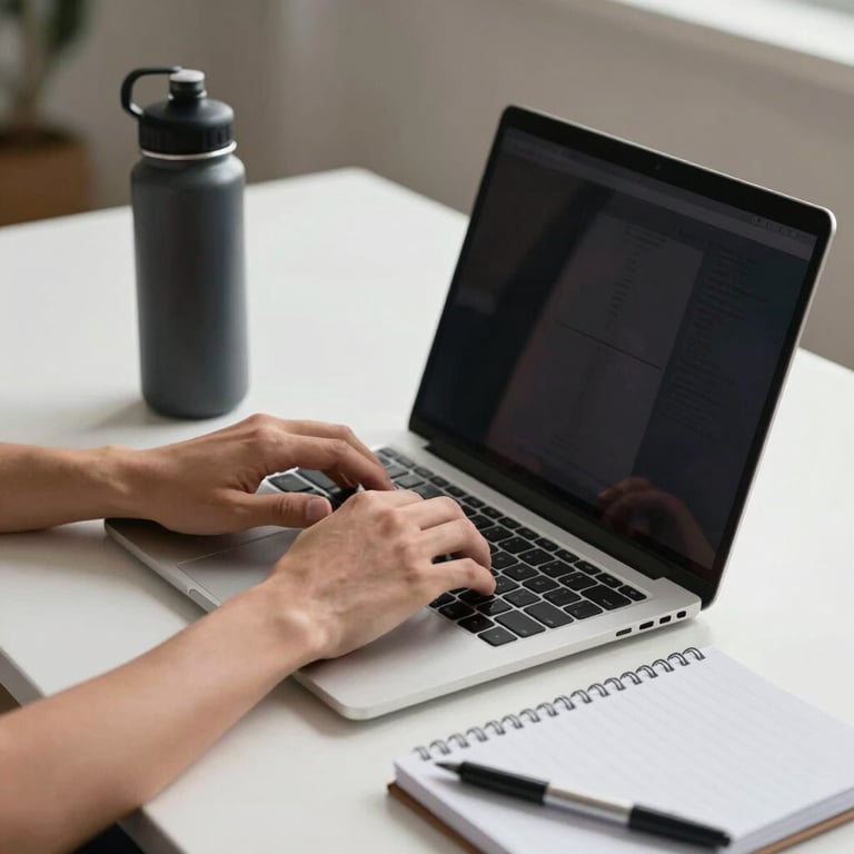 Hands typing on a laptop next to a modern water bottle and a workout log on a white desk.