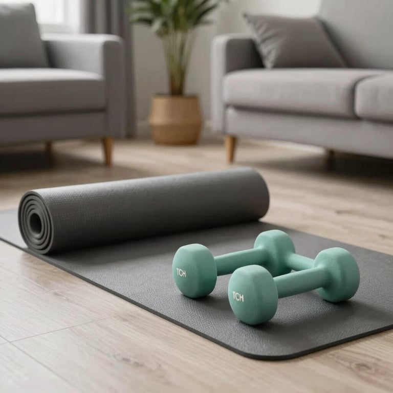 A clean home gym setup with a yoga mat and light green dumbbells in a modern North American living room.