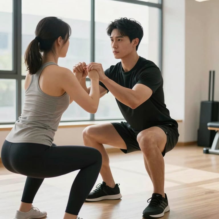 A fitness coach demonstrating proper form for a squat to a client in a bright, well-lit studio.