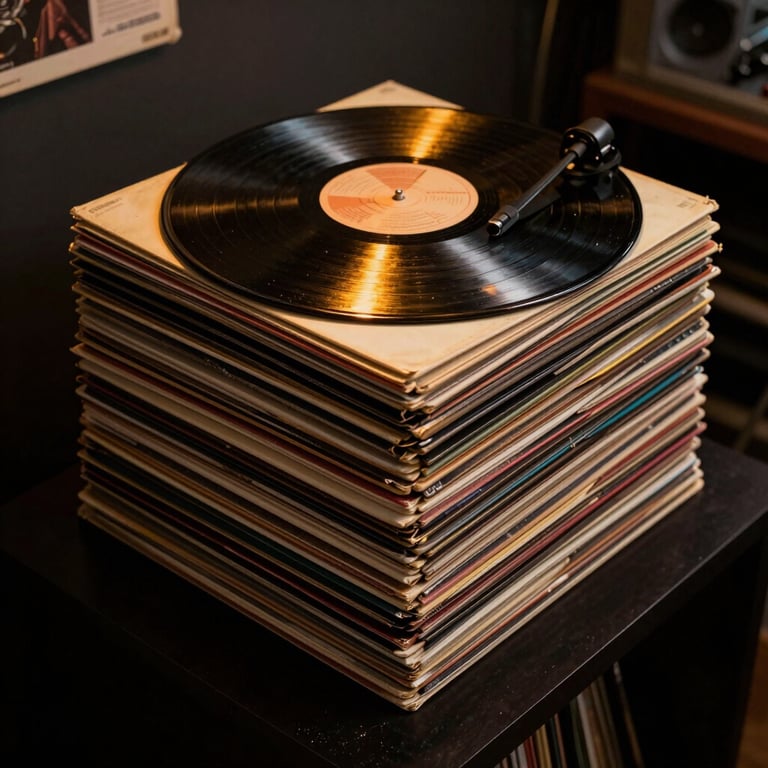 A stack of vintage vinyl records under a warm amber spotlight in a dark room, showcasing gritty textures and gold reflections.