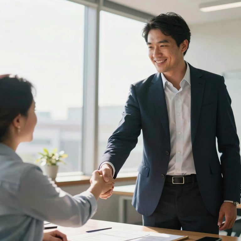 A South American financial professional shaking hands with a client in a bright, sunny office.