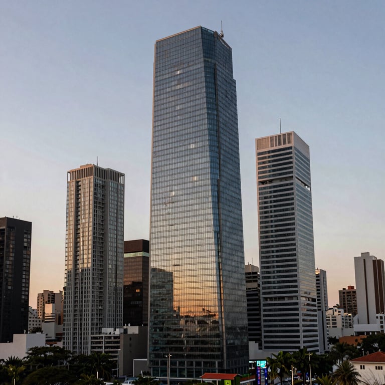 Architecture of a modern financial district in a South American city at sunset with soft lighting.