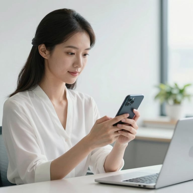 A professional woman using a smartphone for financial services in a bright Pearl White office.