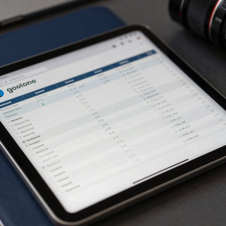 Close-up of a digital tablet showing financial data in a professional setting with Navy Blue accents.