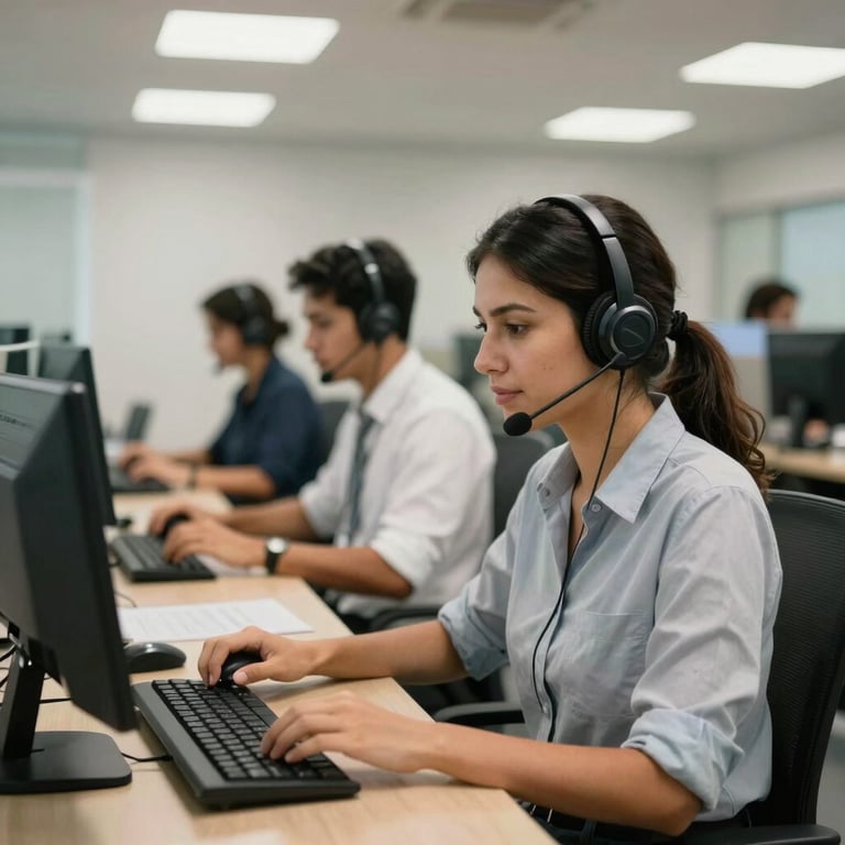 A modern call center facility in Brazil with professional workers, focused lighting, and ergonomic design.