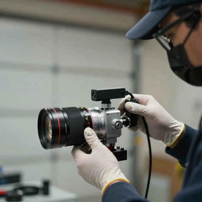 Close-up of a technician's hands in protective gear using professional equipment in a North American / US garage.