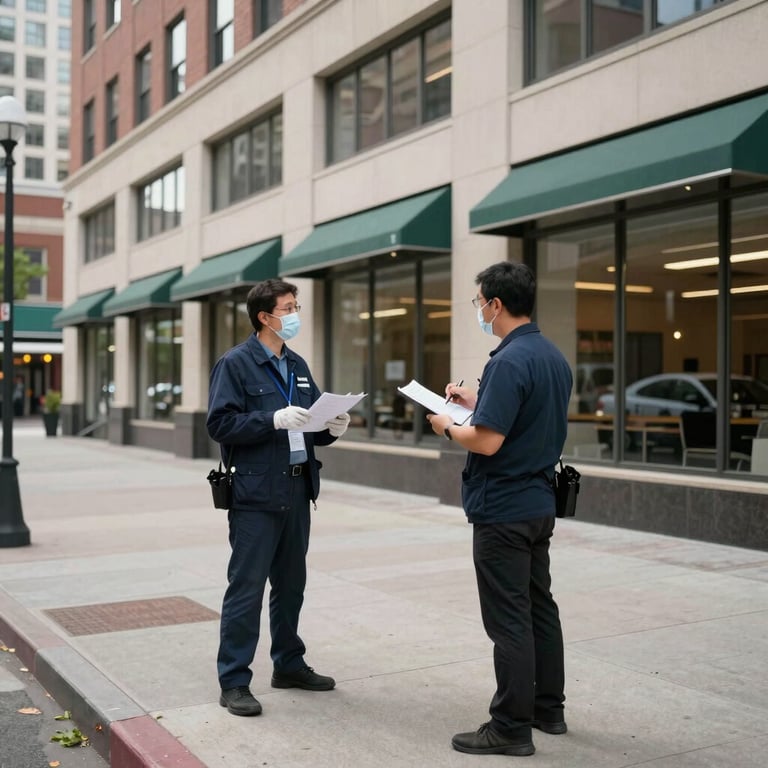 A wide shot of a commercial building in a North American / US city receiving professional pest inspection.