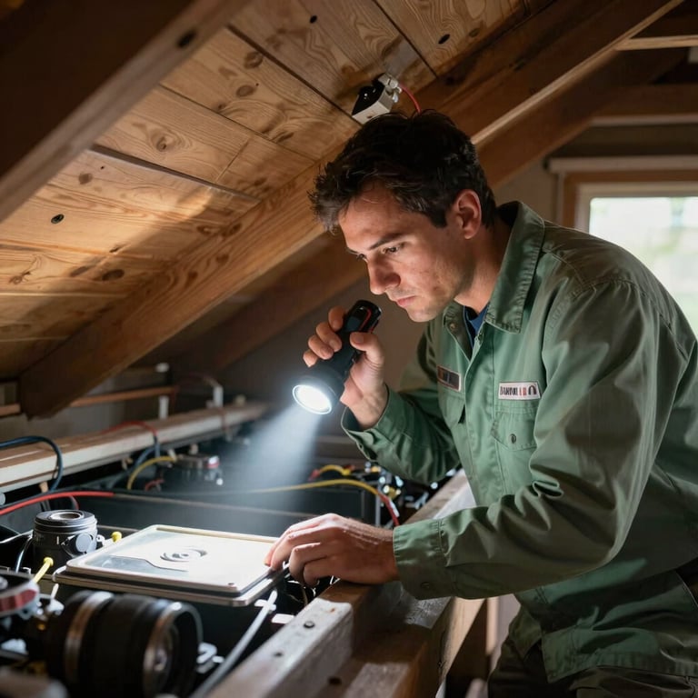 A professional technician in a sage green uniform inspecting a North American / US attic with a flashlight.