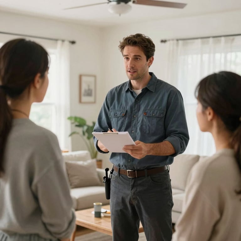 A technician discussing pest prevention with a homeowner in a bright North American / US living room.