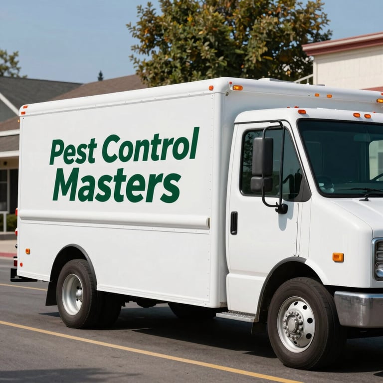 A clean white service truck with deep forest green Pest Control Masters logo parked on a sunny North American / US street.