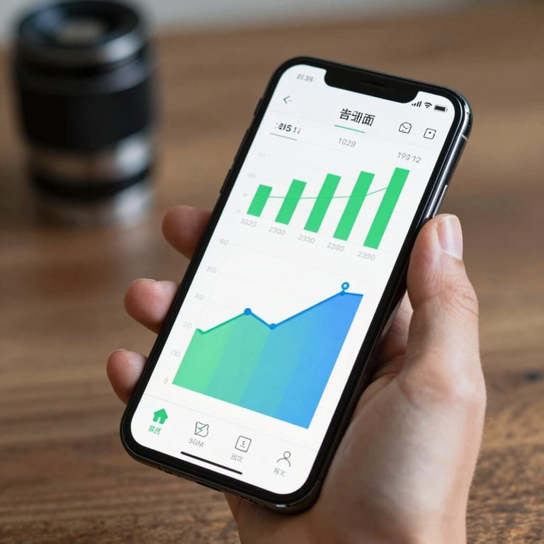 A person's hand holding a smartphone showing a clean interface for energy monitoring with green and blue graphs.