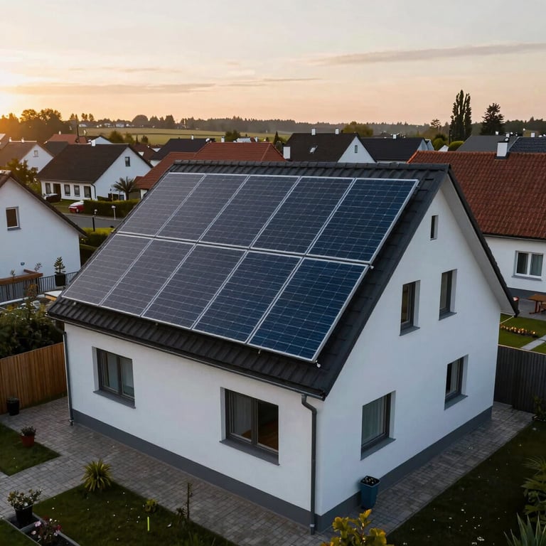 A wide angle shot of a suburban German house at sunrise with four solar panels perfectly integrated onto a patio roof.