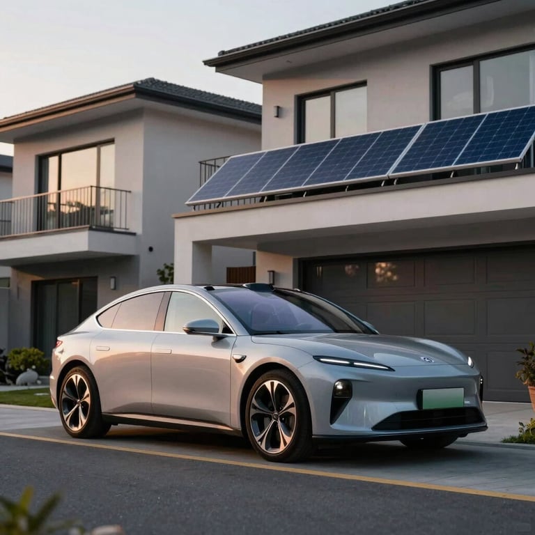 Sleek electric car parked in front of a modern townhouse with solar panels on the balcony, soft evening light.