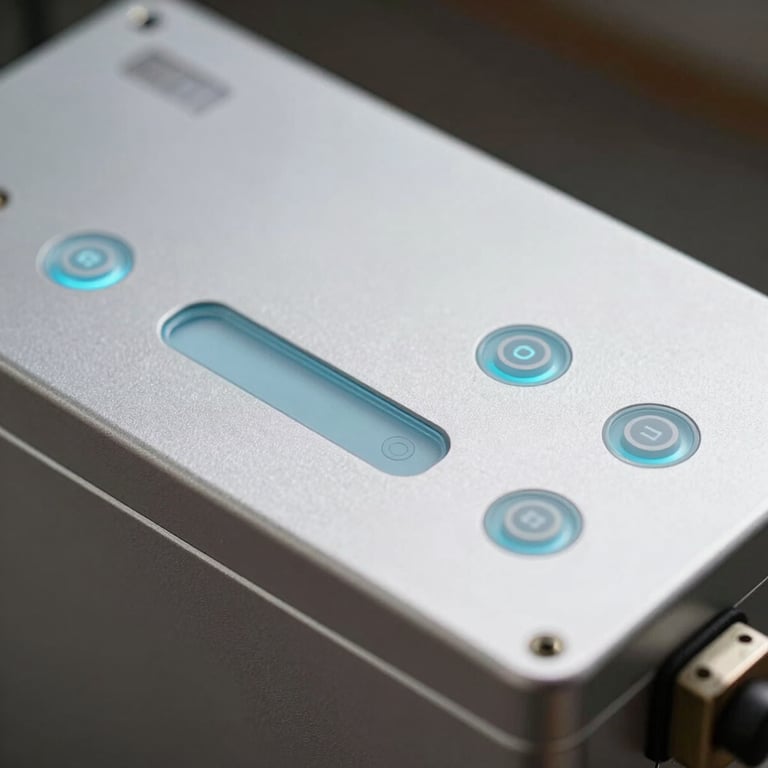 Close-up of a high-tech home battery system with a metallic silver casing and light blue indicators.