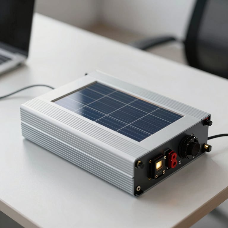 Detail shot of a minimalist solar inverter with soft LED lighting in a bright modern workspace, Central European style.
