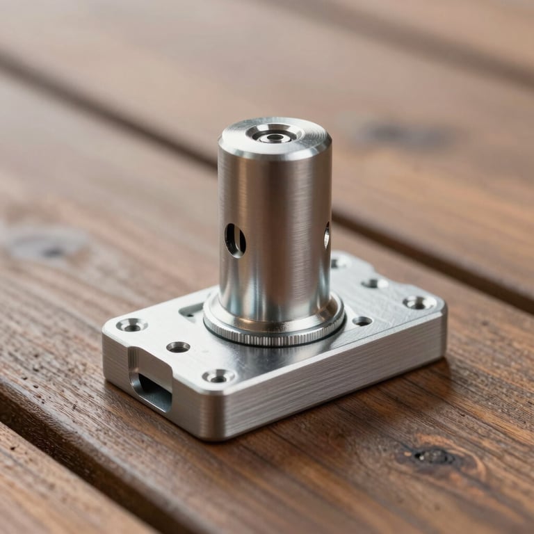 Close-up photography of the premium mounting hardware made of brushed aluminum on a wooden terrace floor.