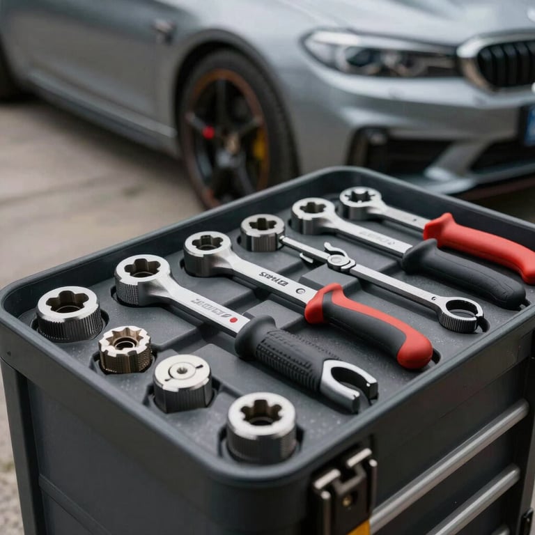 Professional automotive tools neatly organized in a toolkit with a car in the background.