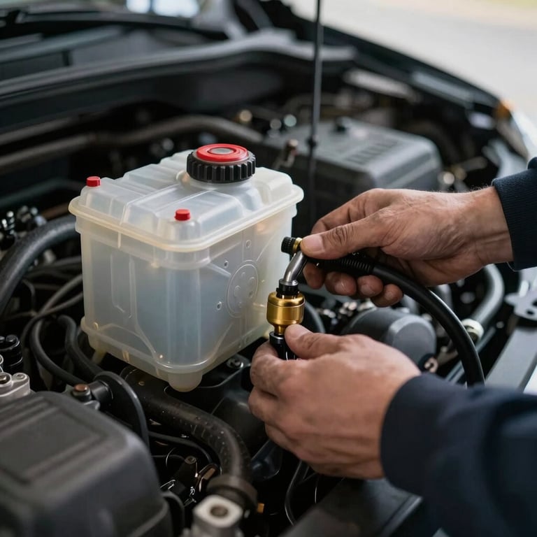 Close-up of a mechanic checking the brake fluid levels of a modern hatchback.