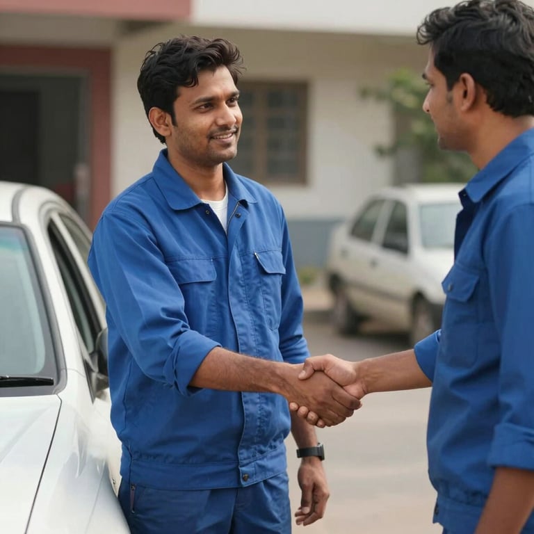 A South Asian / Indian mechanic in a blue uniform shaking hands with a satisfied car owner.