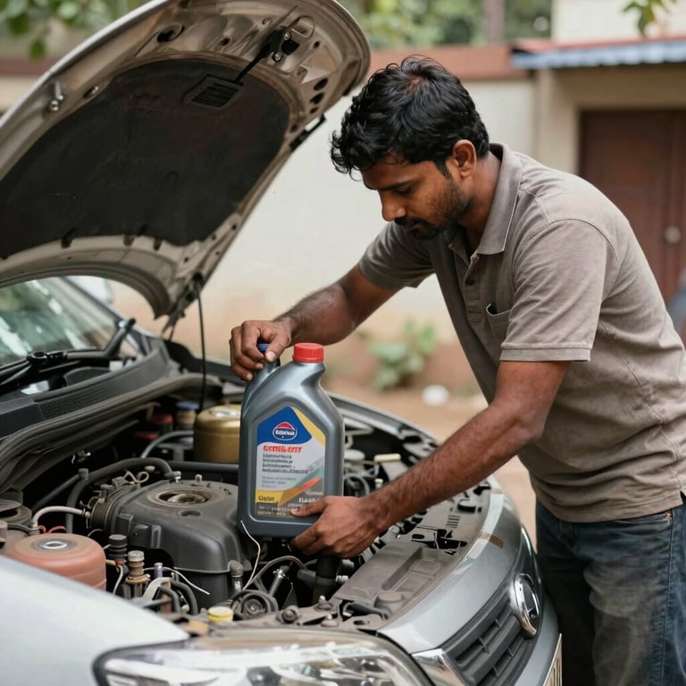 A South Asian / Indian mechanic performing an engine oil change on a car in a driveway in Bangalore.