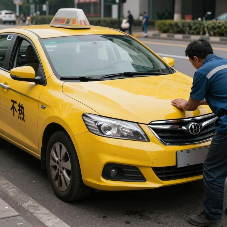 A yellow plate taxi vehicle being inspected by a mechanic at a roadside location.
