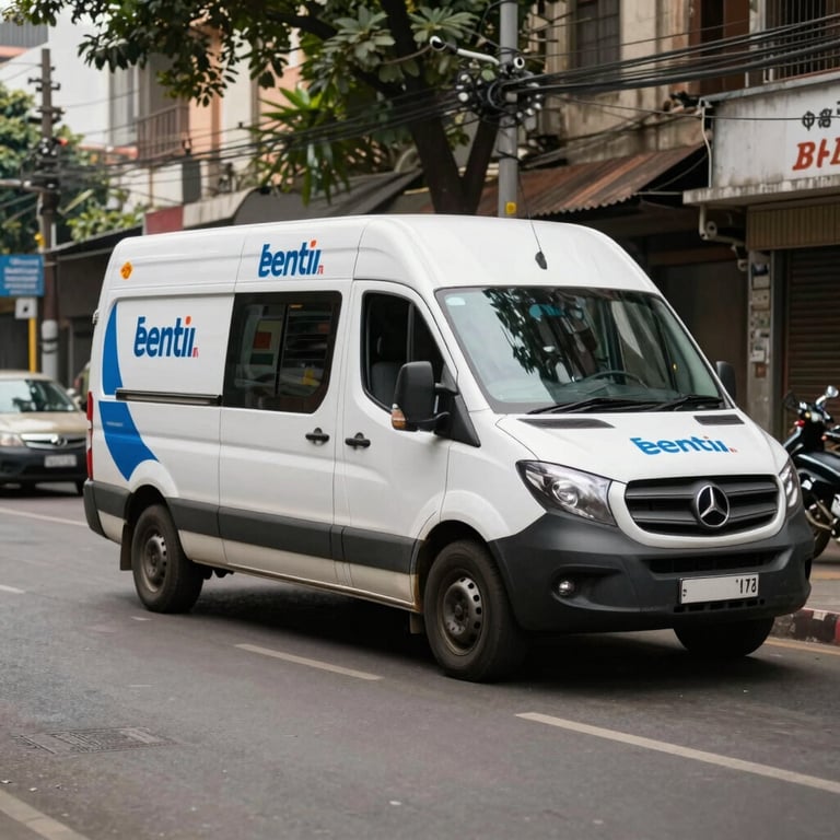 A mobile service van with professional branding parked on a clean Bangalore street during the day.
