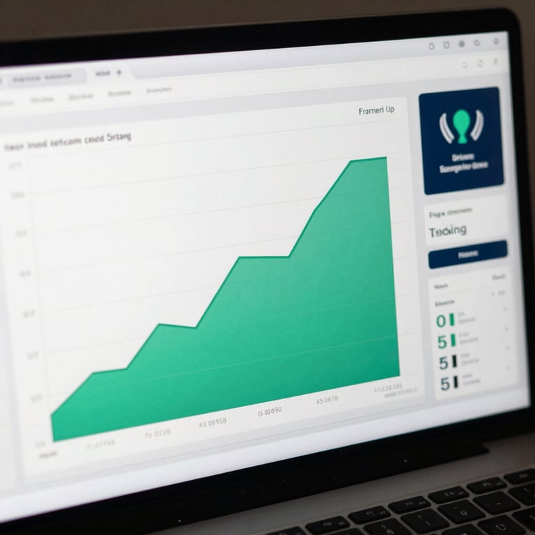A close-up of a high-resolution screen showing a clean data dashboard with emerald green growth charts and navy blue accents.