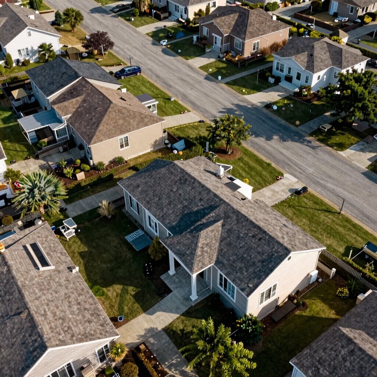 An aerial drone photograph of a suburban neighborhood with premium roofing, showing scale and success.