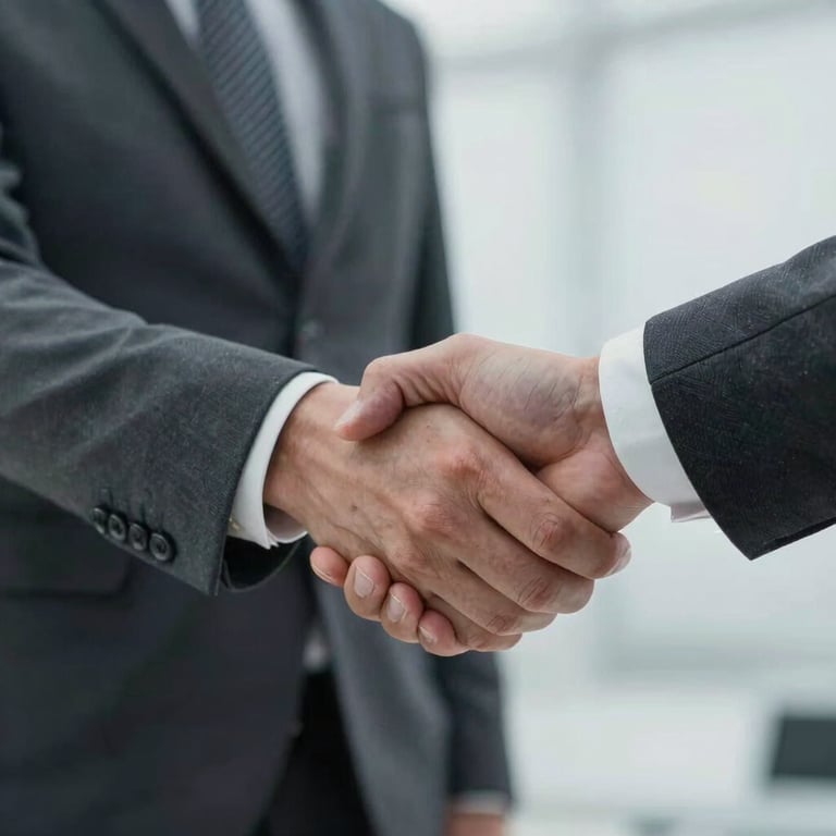A macro shot of two professionals shaking hands, wearing sharp business attire in muted slate blue and charcoal.