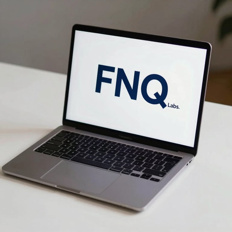 A sleek, minimalist laptop on a white desk, displaying the FNQ Labs logo in deep navy blue.