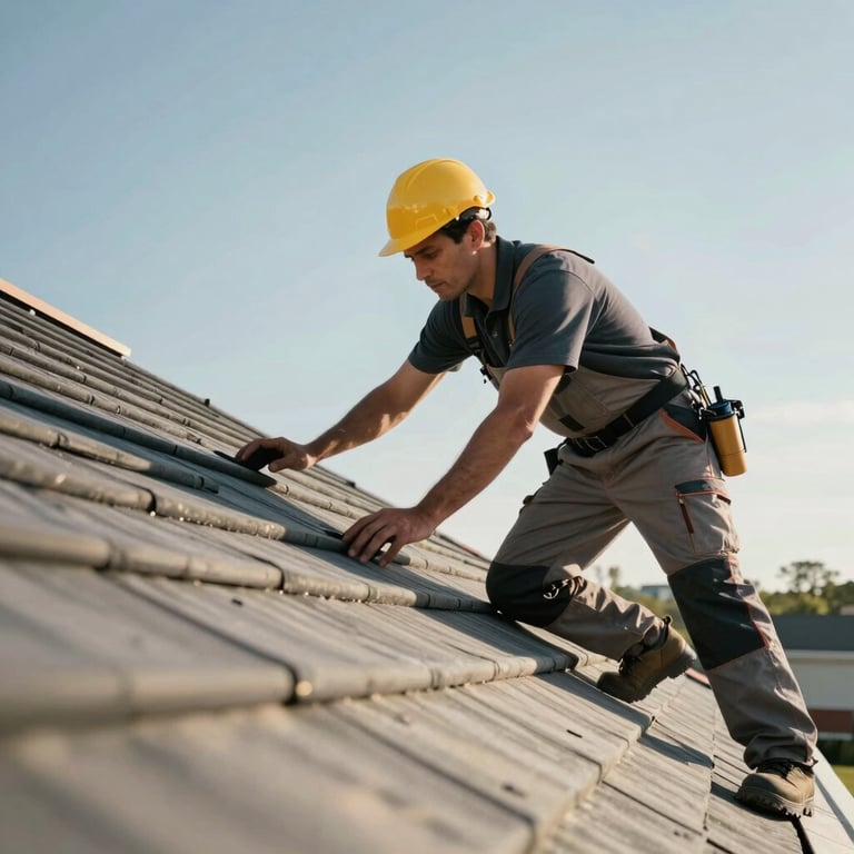 A professional roofing contractor in the USA confidently inspecting a roof, shot from a low angle against a clear sky.