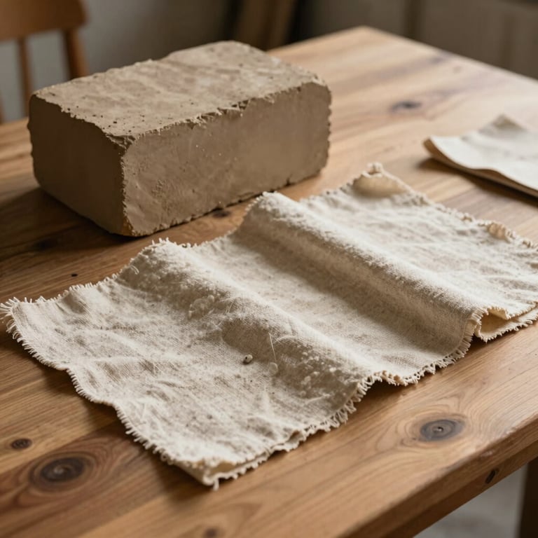 Dried clay block and heavy linen swatches resting on a raw wooden desk, warm side-light.