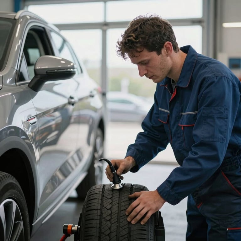 An automotive specialist checking tire pressure on a modern hatchback in a bright Central European / Polish workshop.