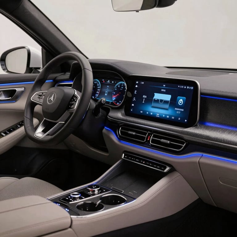 A detailed interior shot of a luxury car dashboard with soft powdery blue ambient lighting and high-tech displays.