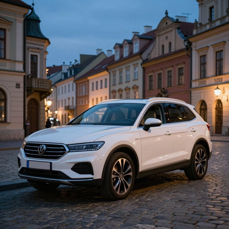 A premium white SUV parked on a cobblestone street in a historic Central European / Polish city at blue hour, lights glowing softly.